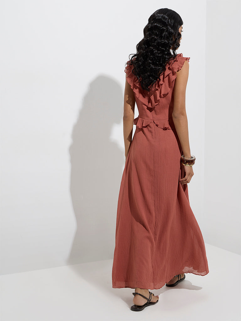 Westside LOV Women's Dusty Pink Ruffle Detailed A-Line Dress for Casual Wear Back View