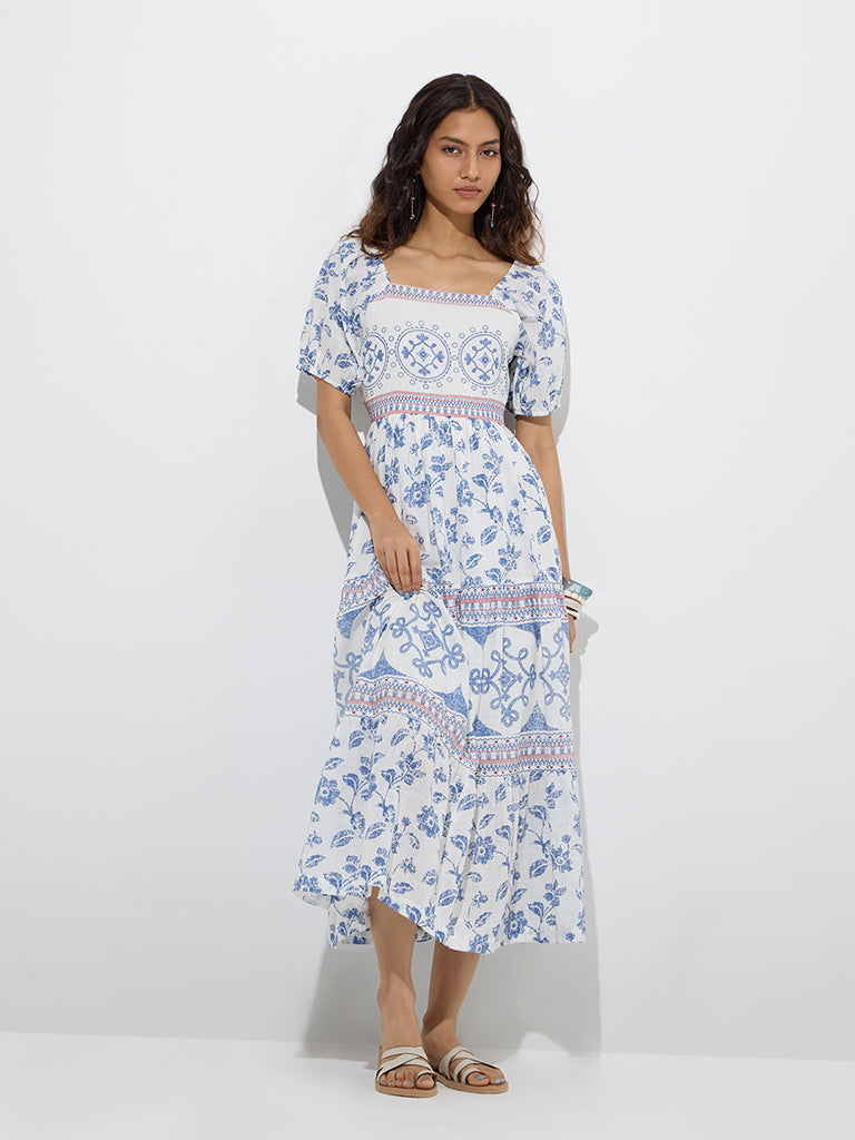Buy Bombay Paisley White Floral Patterned Cotton Tiered Dress from