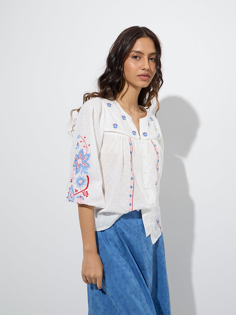 Westside Bombay Paisley Women's White Floral Printed Cotton Blouse for Everyday Front View