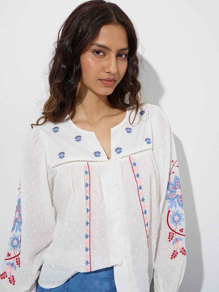 Westside Bombay Paisley Women's White Floral Printed Cotton Blouse for Everyday Zoom View