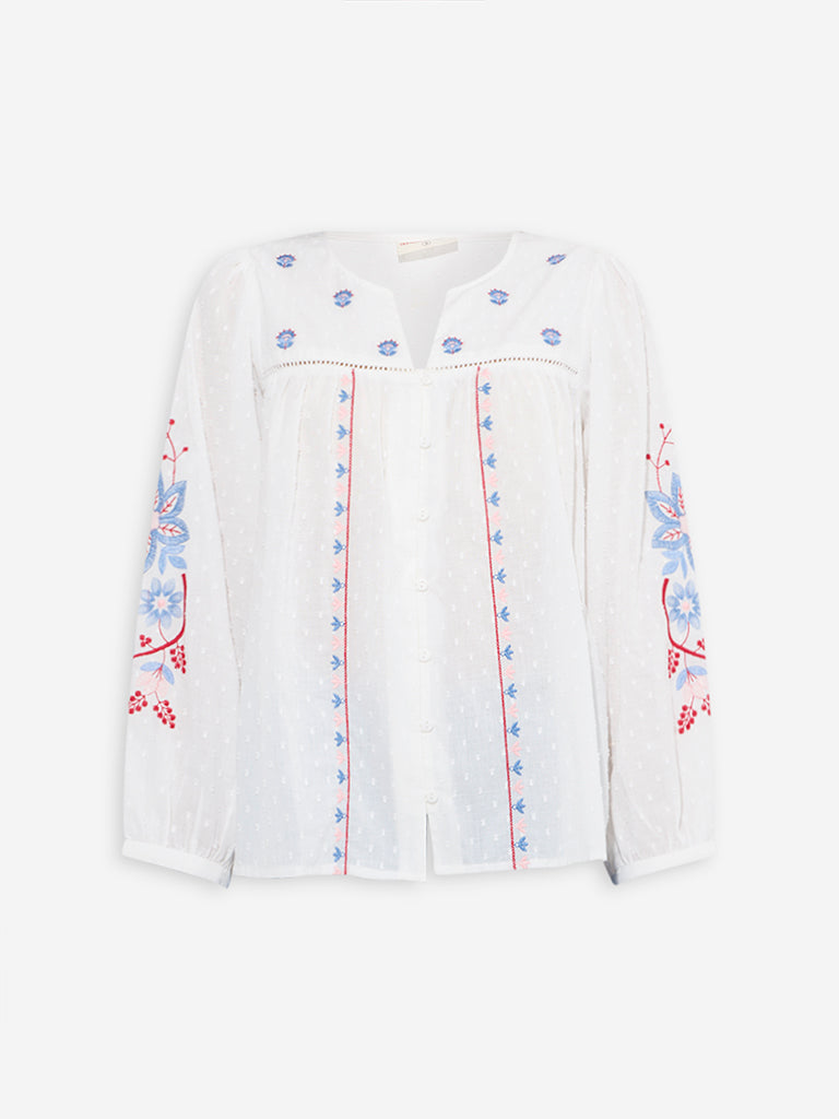 Westside Bombay Paisley Women's White Floral Printed Cotton Blouse for Everyday Flatly View