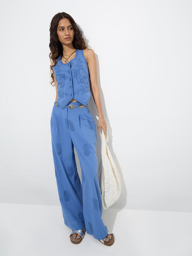 Westside Bombay Paisley Women's Blue Waistcoat- Style Cotton Top for Everyday Full Model View