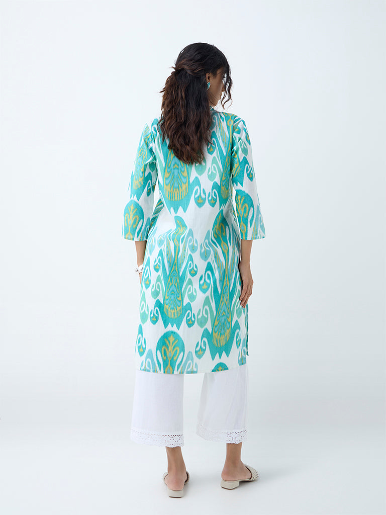 Westside Utsa Women's Aqua Ikat Printed Cotton Straight Kurta for Everyday Back View