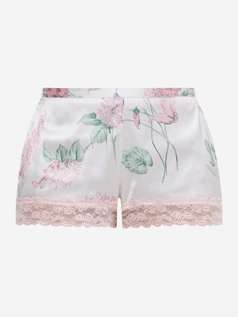 westisde Wunderlove Women's Light Pink Floral High-Rise Satin Shorts for Casual Wear Flatly View