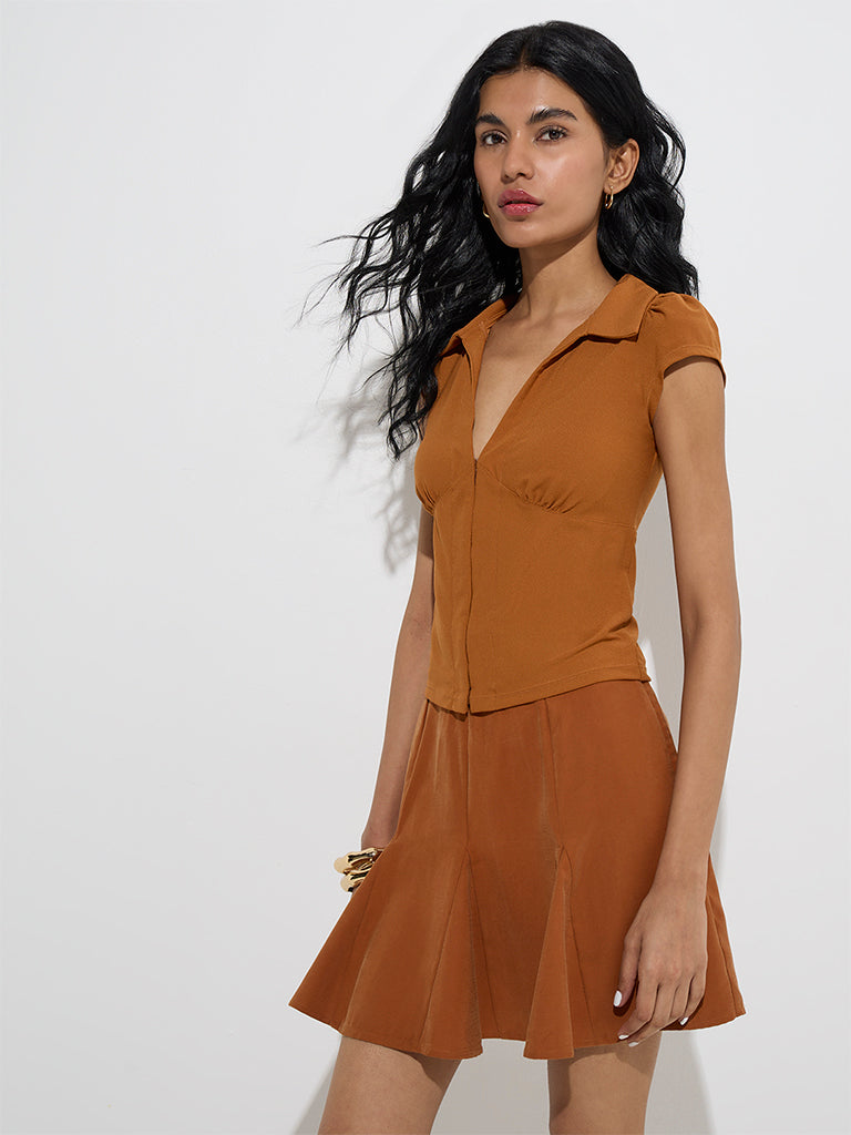 Westside Nuon Women's Orange Solid Top for Casual Wear Front View