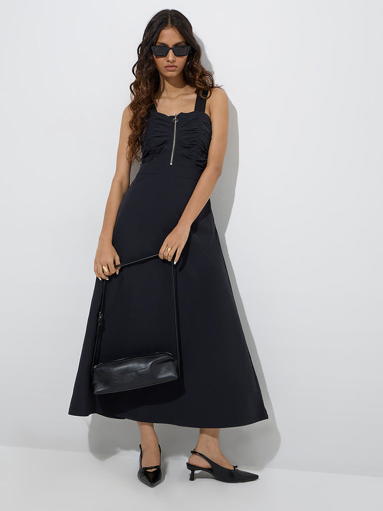 Westside Nuon Women's Black Ruched A-Line Dress for Casual Wear Front View