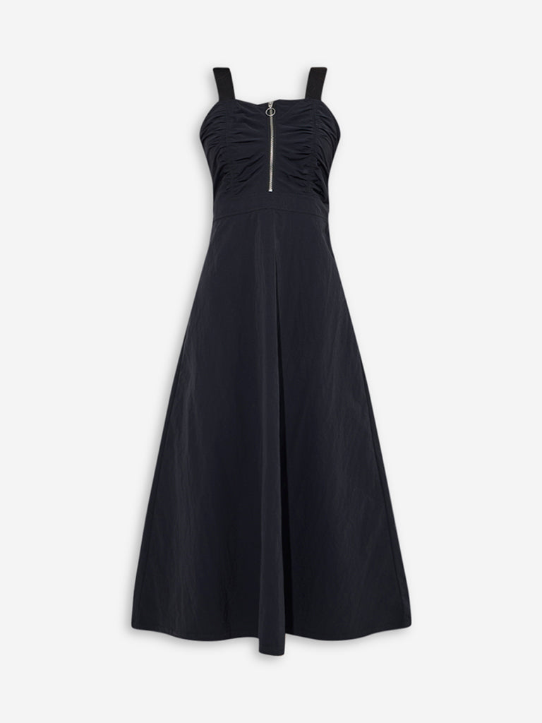 Westside Nuon Women's Black Ruched A-Line Dress for Casual Wear Flatly View