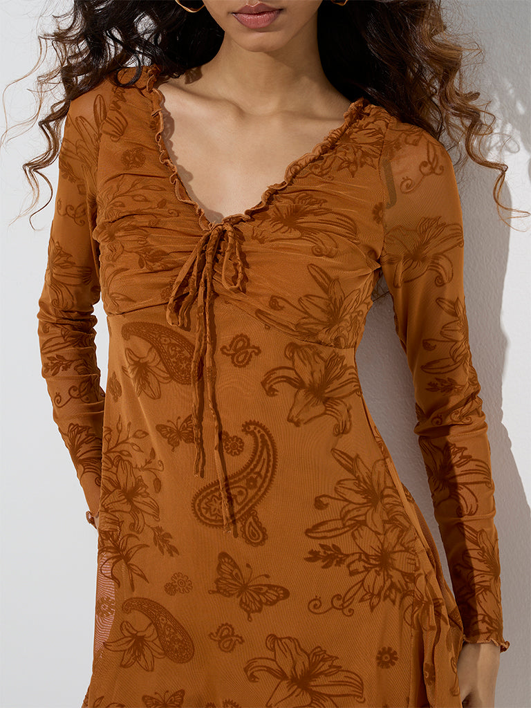 Westside Nuon Women's Orange Floral Design A-Line Dress for Casual Wear Zoomed View