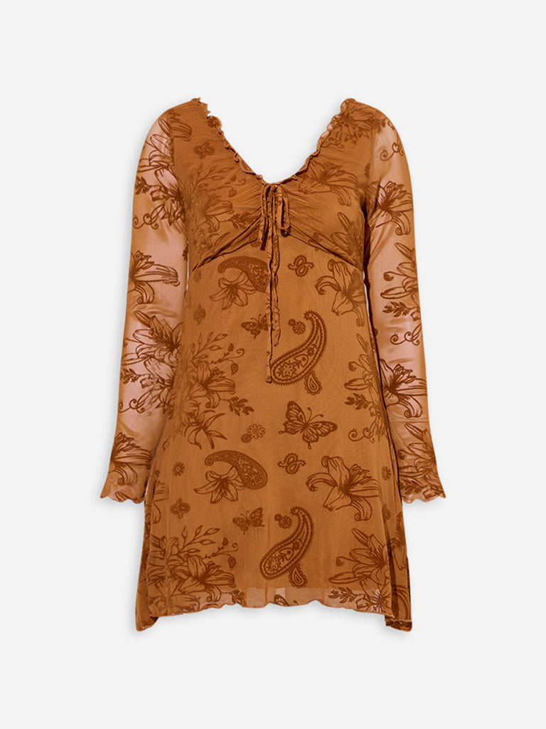 Westside Nuon Women's Orange Floral Design A-Line Dress for Casual Wear Flatly