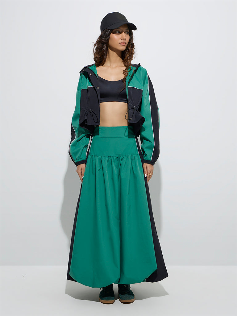 Westside Nuon Women's Green Colour-Blocked High-Rise Balloon Skirt for Casual Wear Full Model View