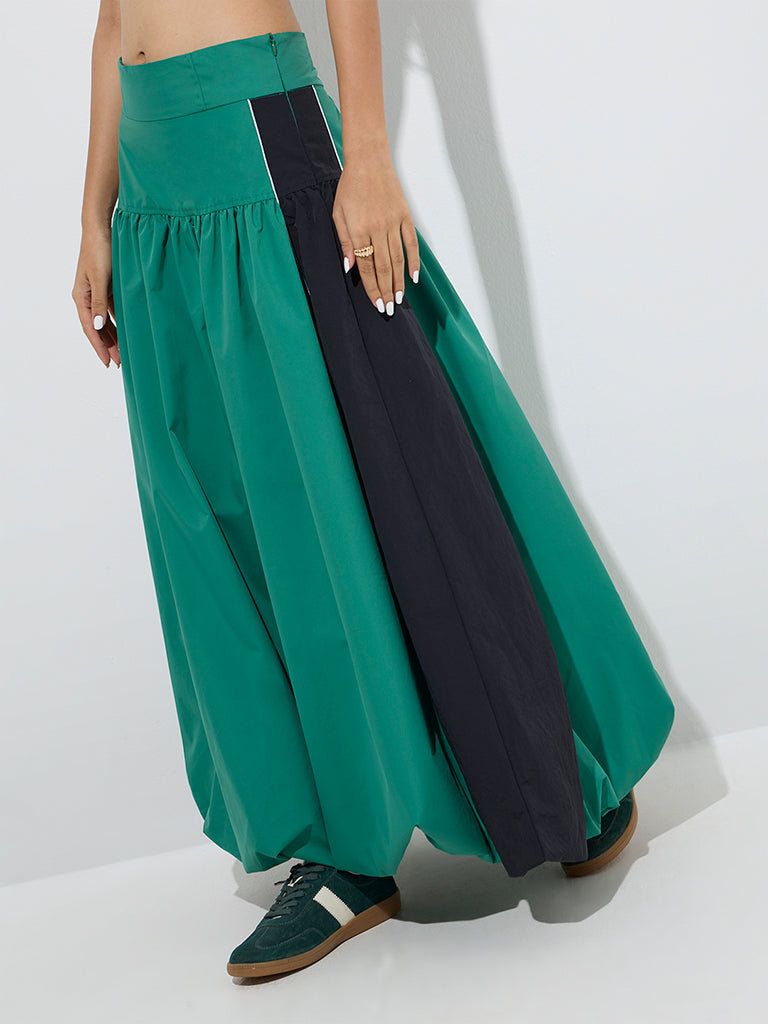 Westside Nuon Women's Green Colour-Blocked High-Rise Balloon Skirt for Casual Wear Front View
