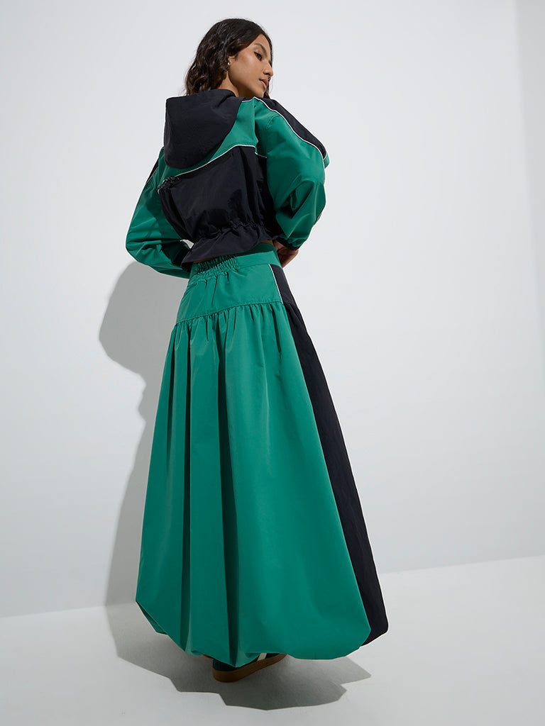 Westside Nuon Women's Green Colour-Blocked High-Rise Balloon Skirt for Casual Wear Full Model View