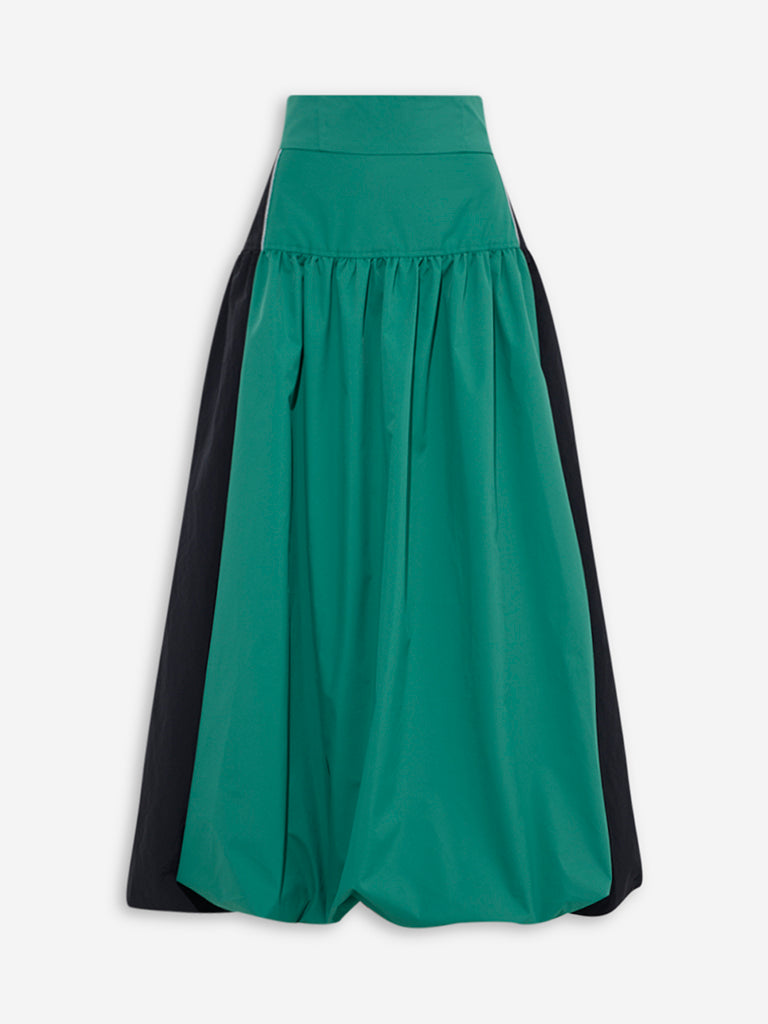 Westside Nuon Women's Green Colour-Blocked High-Rise Balloon Skirt for Casual Wear Flatly View
