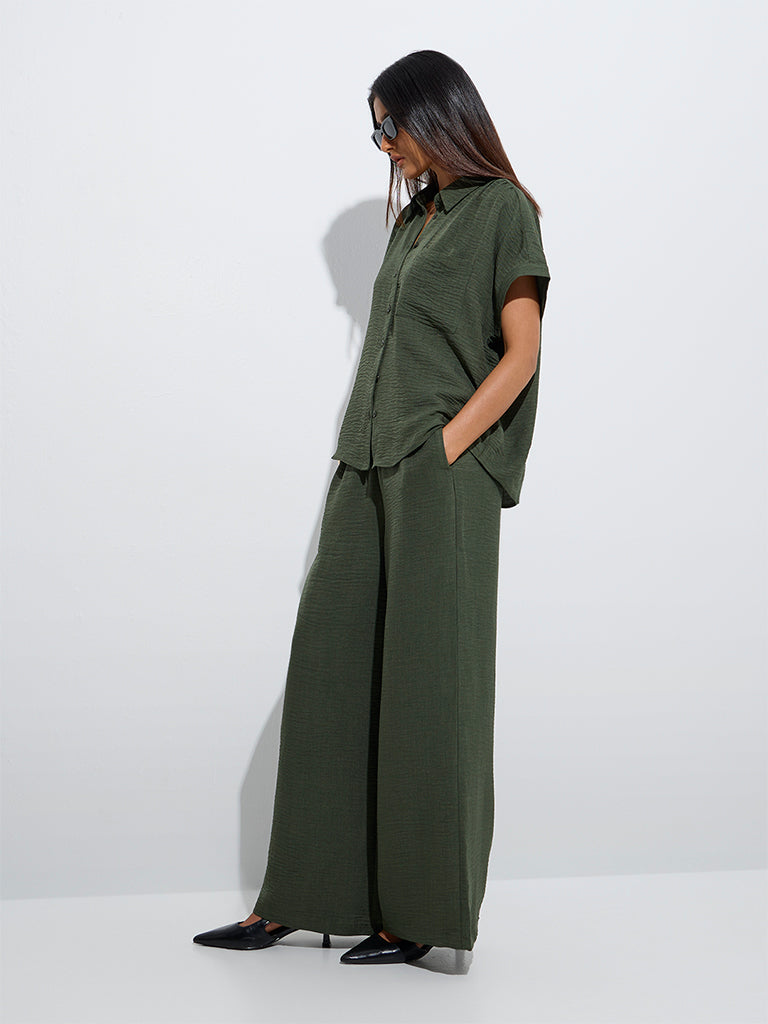 Westside Wardrobe Women's Dark Olive Crinkle-Textured Shirt for Work Wear Full Model View