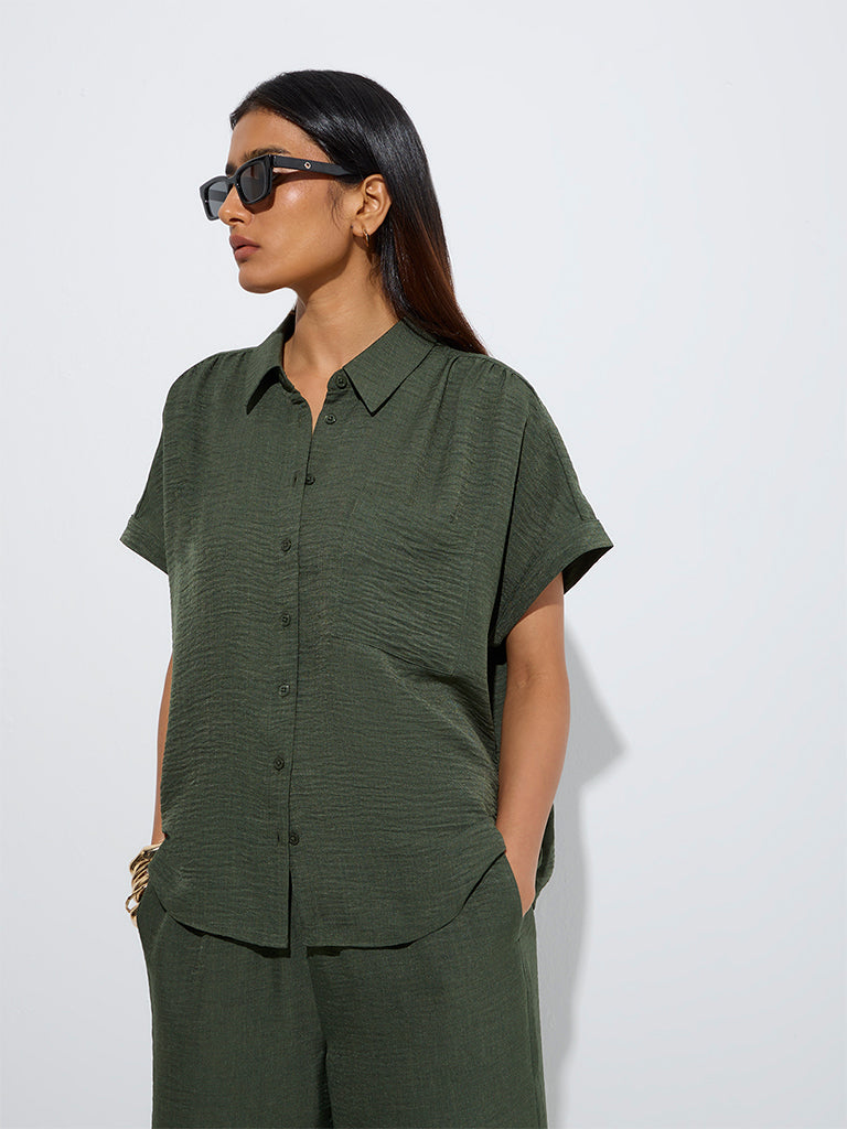 Westside Wardrobe Women's Dark Olive Crinkle-Textured Shirt for Work Wear Front View