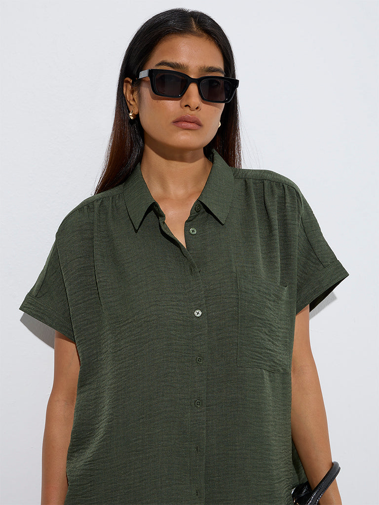 Westside Wardrobe Women's Dark Olive Crinkle-Textured Shirt for Work Wear Zoom View