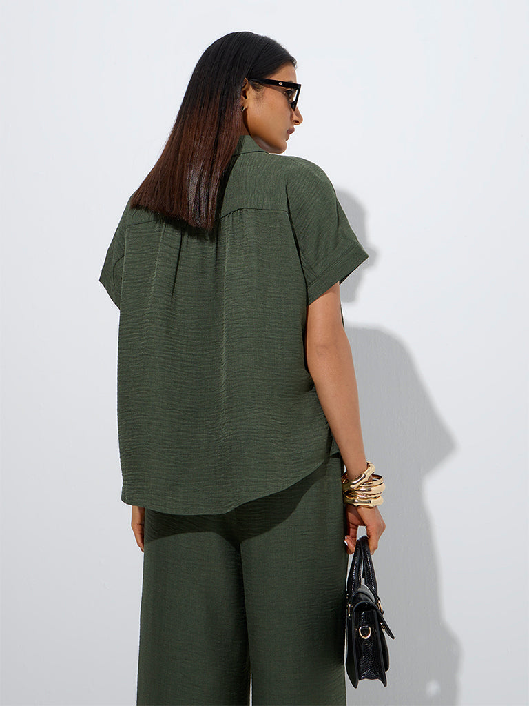 Westside Wardrobe Women's Dark Olive Crinkle-Textured Shirt for Work Wear Back View