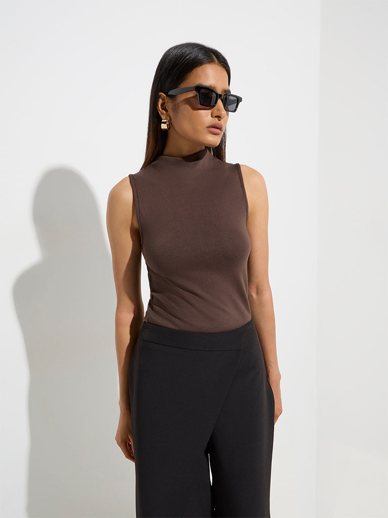 Westside Wardrobe Women's Dark Brown Sleeveless Top for Work Wear Front View