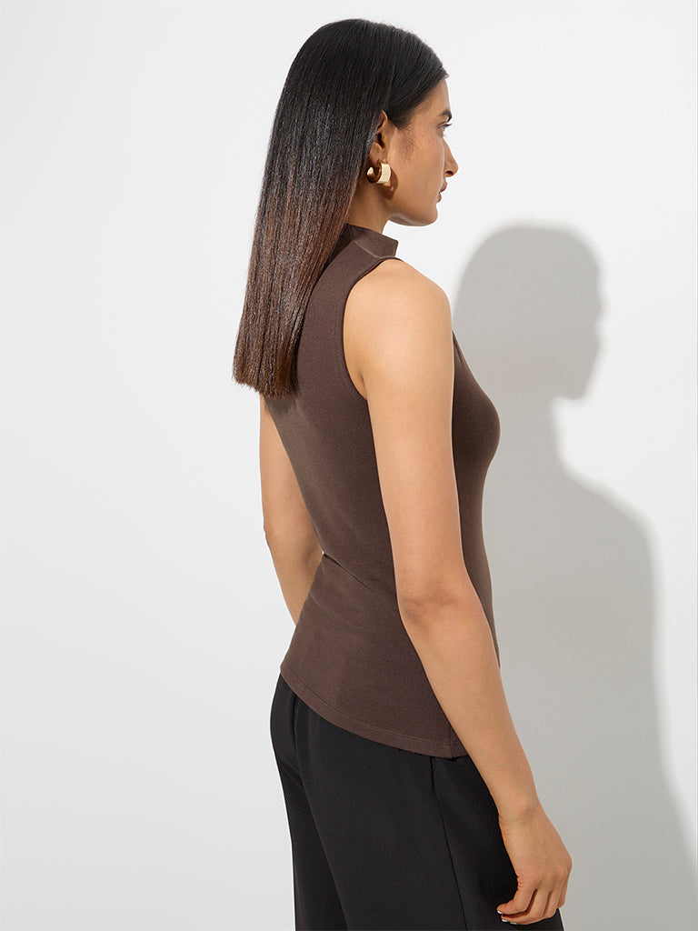 Westside Wardrobe Women's Dark Brown Sleeveless Top for Work Wear Back View