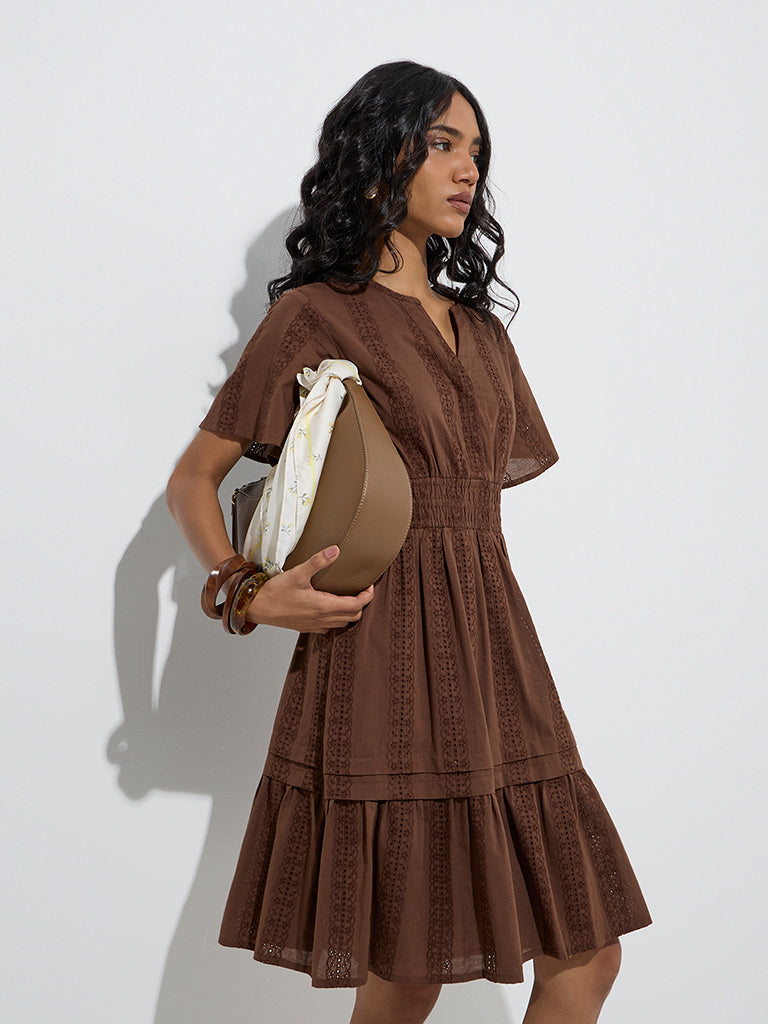Westside LOV Women's Brown Schiffli Detailed Cotton Tiered Dress for Casual Wear Front View