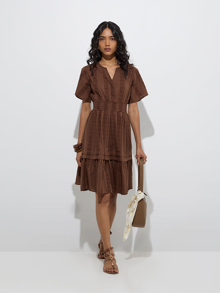 Westside LOV Women's Brown Schiffli Detailed Cotton Tiered Dress for Casual Wear Full Model View