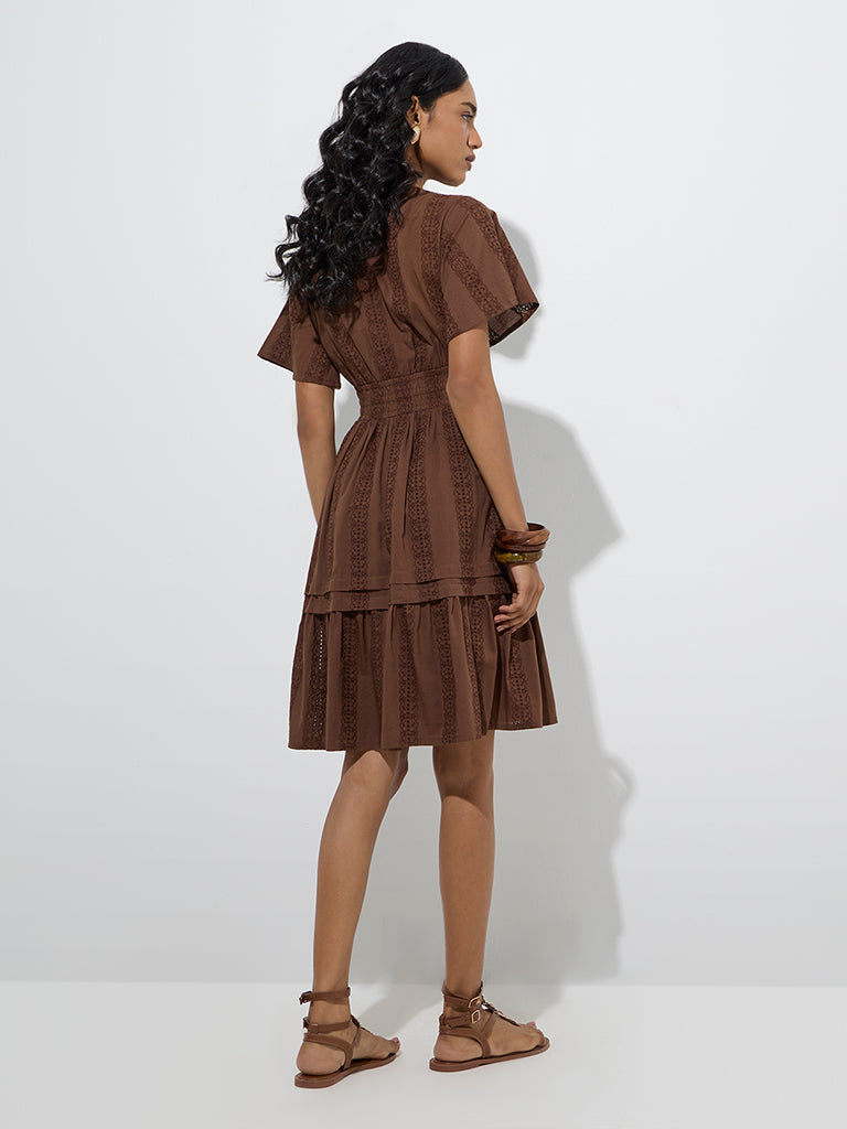Westside LOV Women's Brown Schiffli Detailed Cotton Tiered Dress for Casual Wear Back View