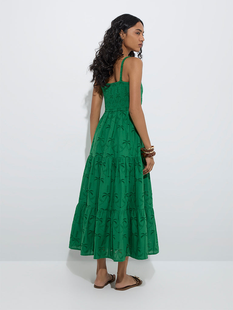 Westside LOV Women's Green Broderie Anglaise Cotton Tiered Dress for Casual Wear Back View