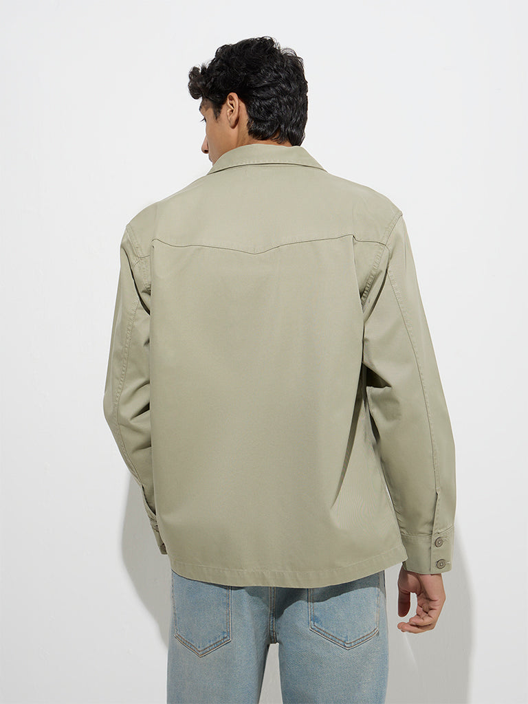 Westside WES Casuals Men's Sage Solid Relaxed-Fit Cotton Shirt for Casual Wear Back View