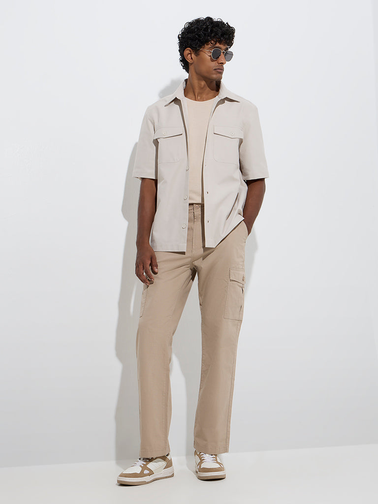 Westside WES Casuals Men's Beige Relaxed-Fit Mid-Rise Cotton-Blend Chinos for Casual Wear Full Model View