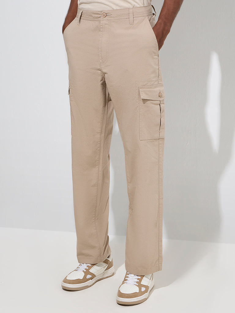 Westside WES Casuals Men's Beige Relaxed-Fit Mid-Rise Cotton-Blend Chinos for Casual Wear Front View