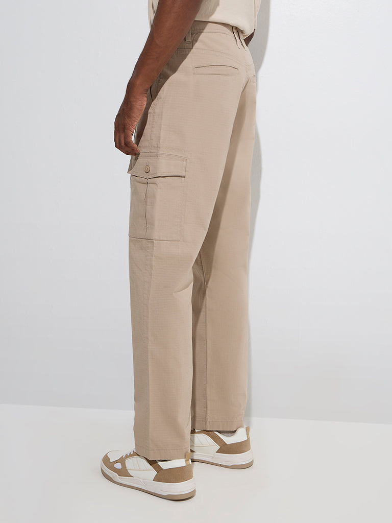 Westside WES Casuals Men's Beige Relaxed-Fit Mid-Rise Cotton-Blend Chinos for Casual Wear Back View