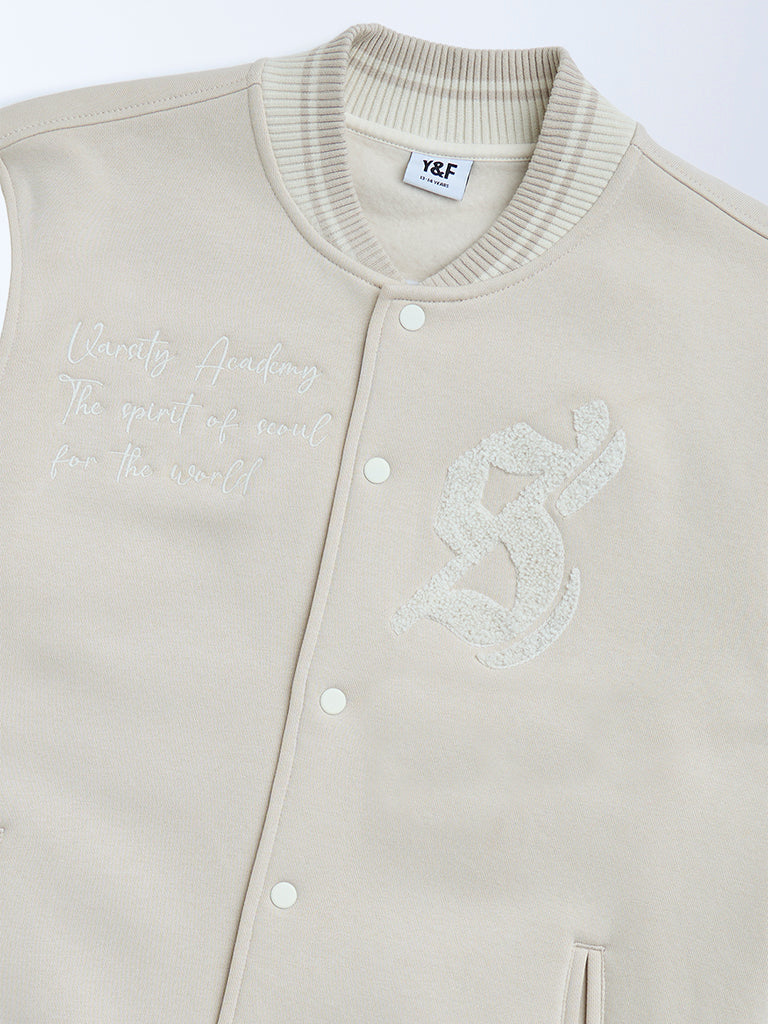 Boys Beige Animal Printed Cotton-Blend Varsity Jacket