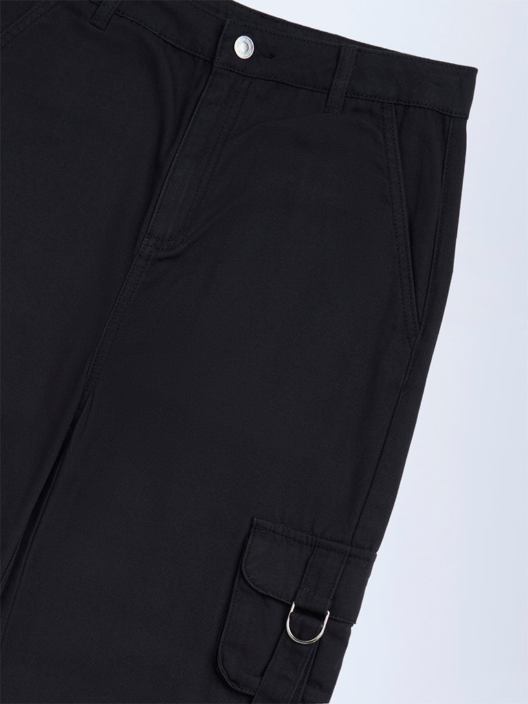 Girls Black Solid Mid-Rise Cotton Trousers