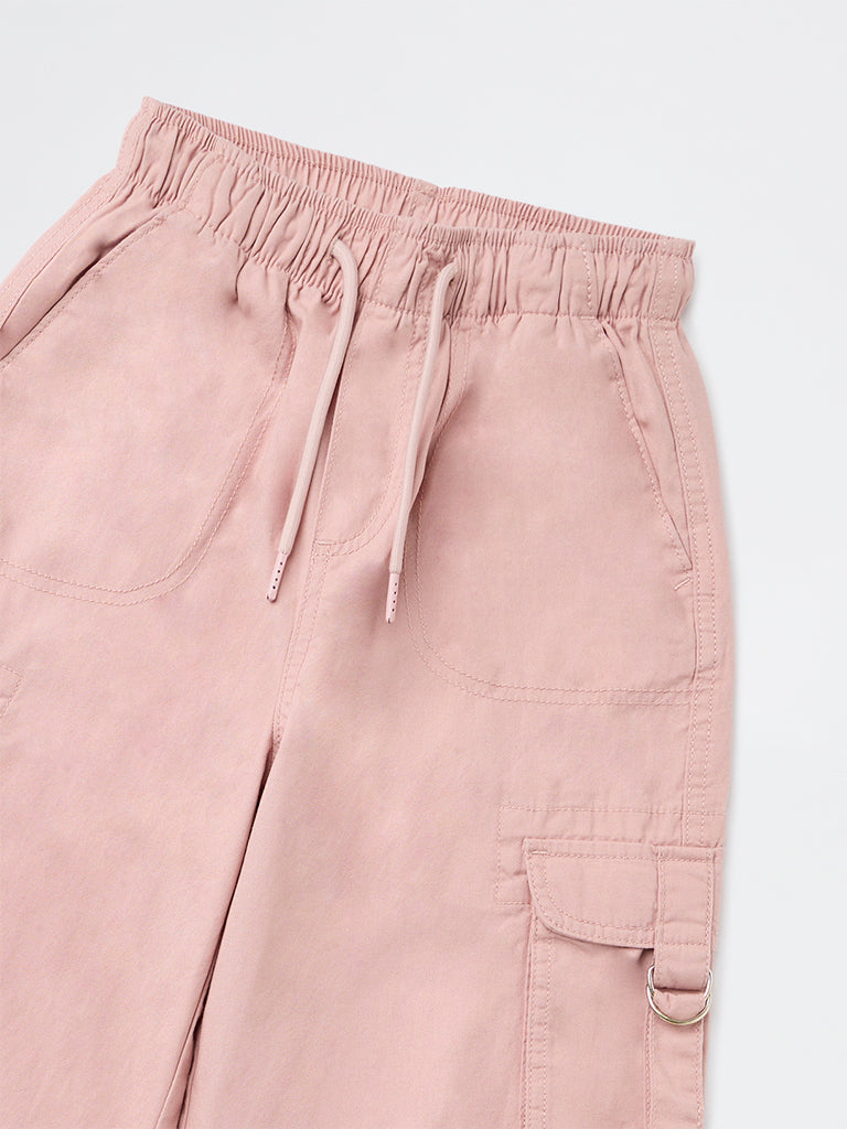 Girls Pink Cargo-Style Mid-Rise Cotton Pants