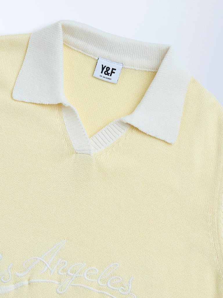 Westside Y&F Girl's Yellow Text Design Cotton Sweater for Winter Wear Zoomed View