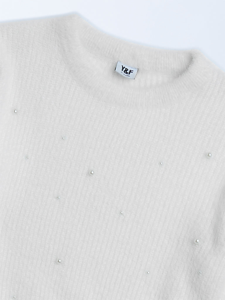 Girls White Pearl-Detailed Knitted Sweater