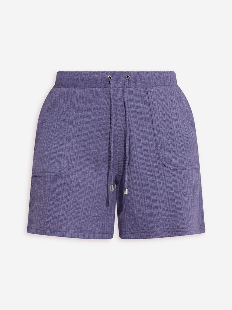 Westside Wunderlove Women's Purple Ribbed-Textured High-Rise Shorts for Casual Wear Flatly View