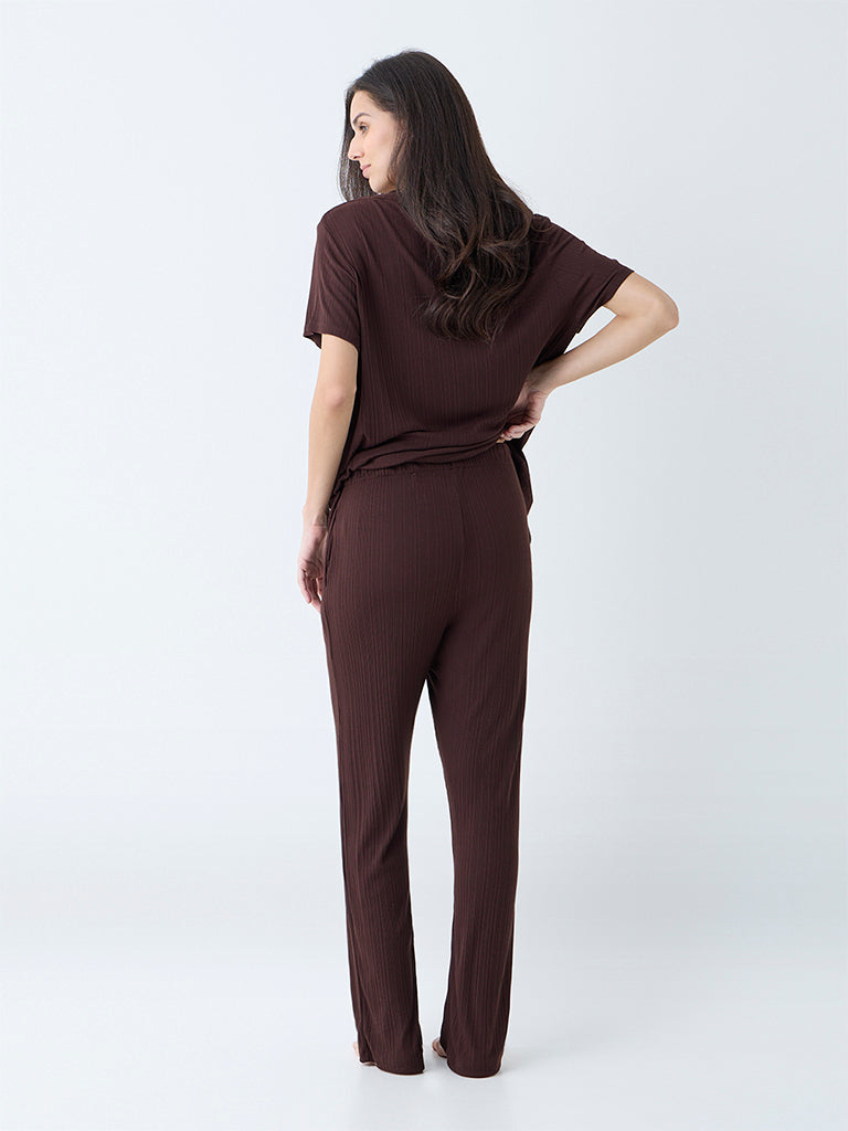 Wunderlove Dark Brown Ribbed-Textured High-Rise Pants