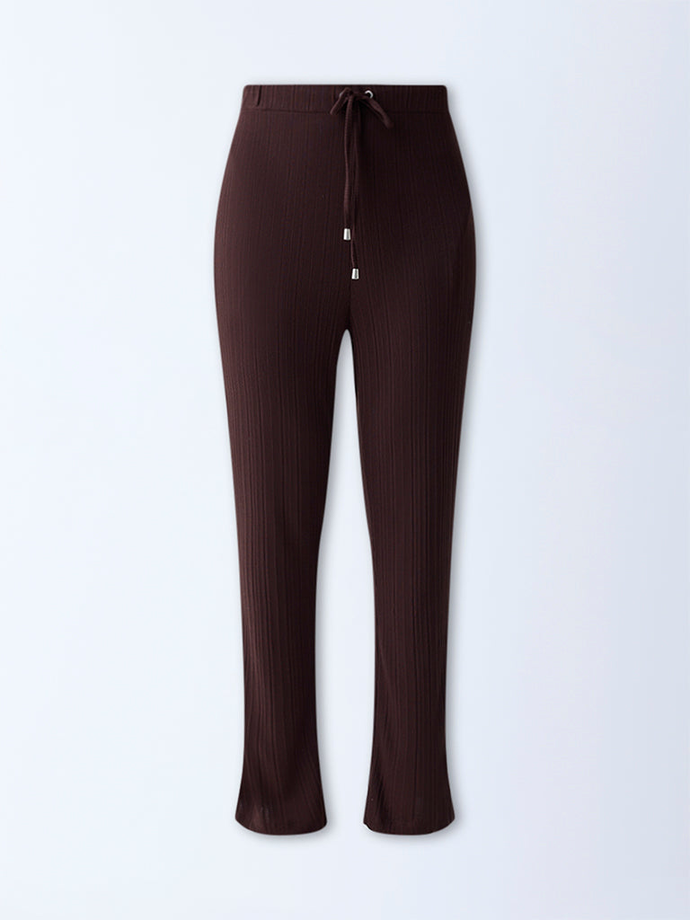Wunderlove Dark Brown Ribbed-Textured High-Rise Pants