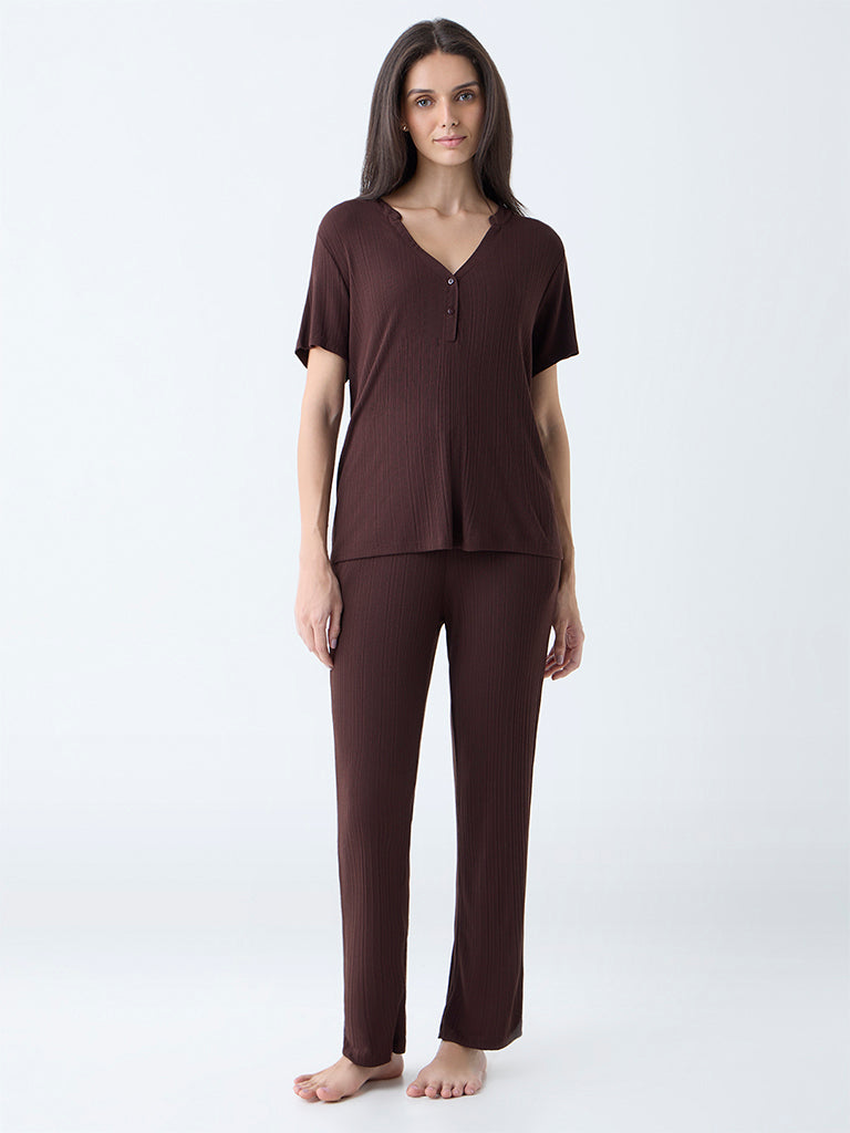 Wunderlove Dark Brown Ribbed-Textured Henley Top