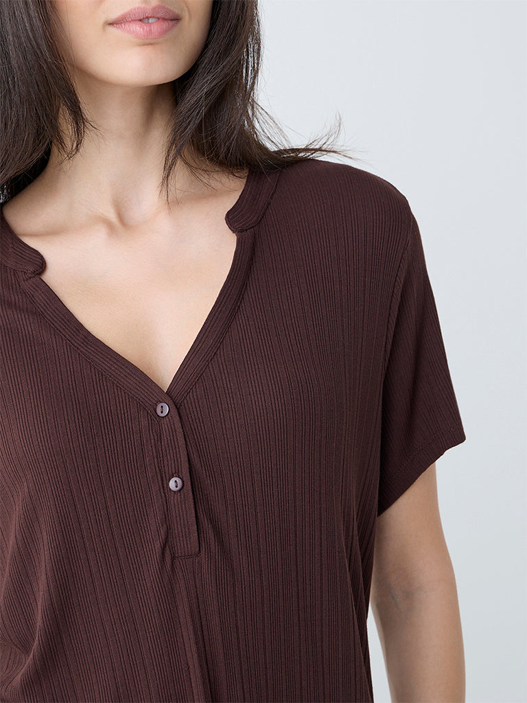 Wunderlove Dark Brown Ribbed-Textured Henley Top