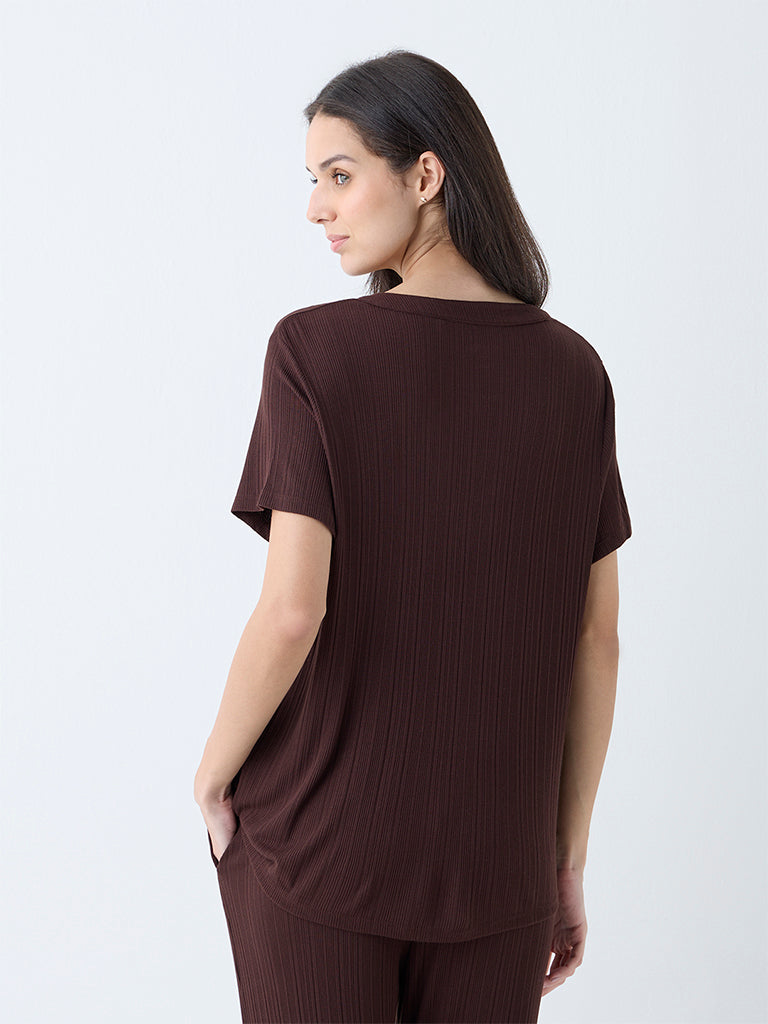 Wunderlove Dark Brown Ribbed-Textured Henley Top