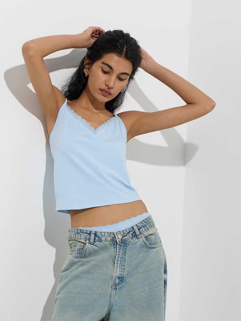 Buy Superstar Blue Lace Cotton-Blend Camisoles - Pack of 2