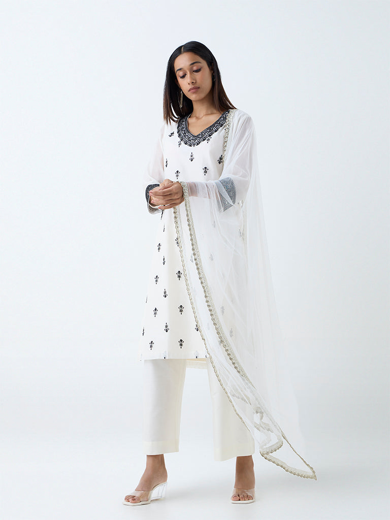 Vark White Embroidered Cotton-Blend A-Line Ethnic Set
