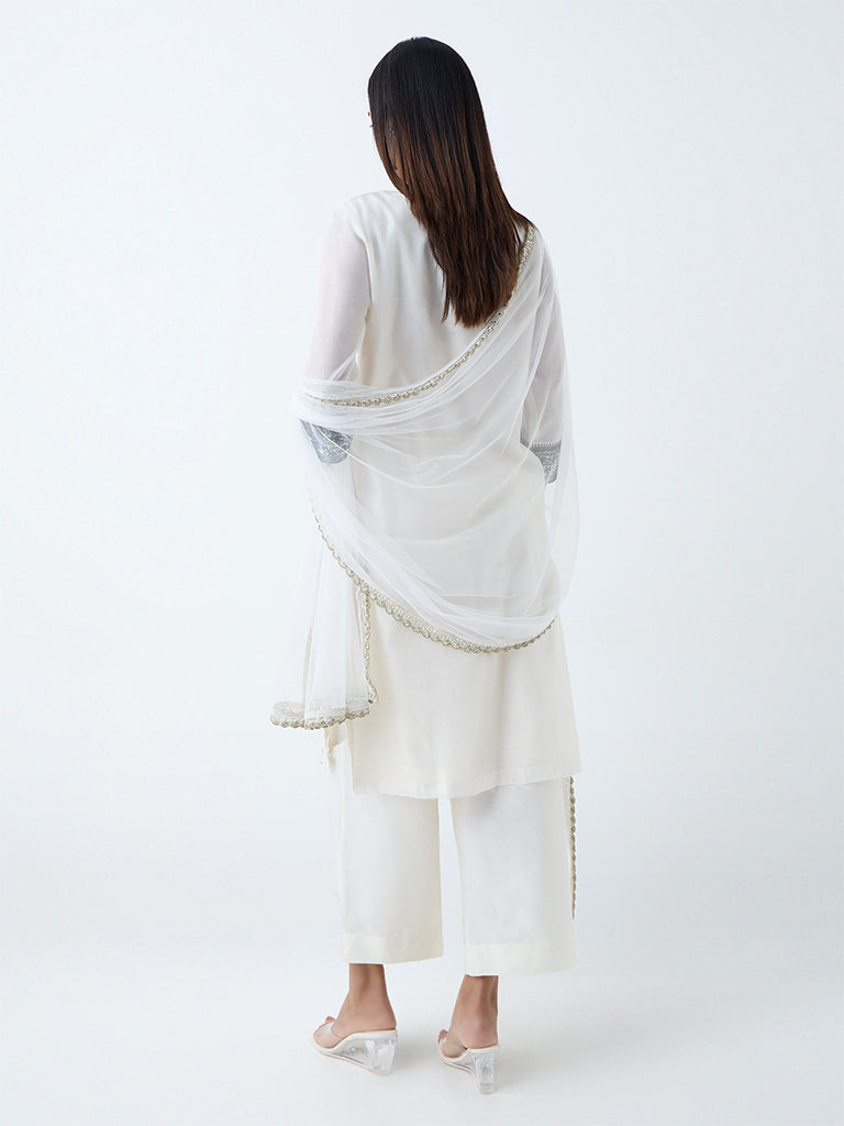 Vark White Embroidered Cotton-Blend A-Line Ethnic Set