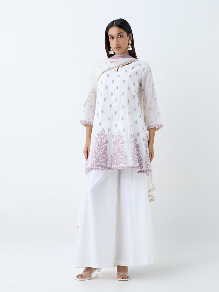 Vark White Floral Embroidered Cotton-Blend A-Line Ethnic Set