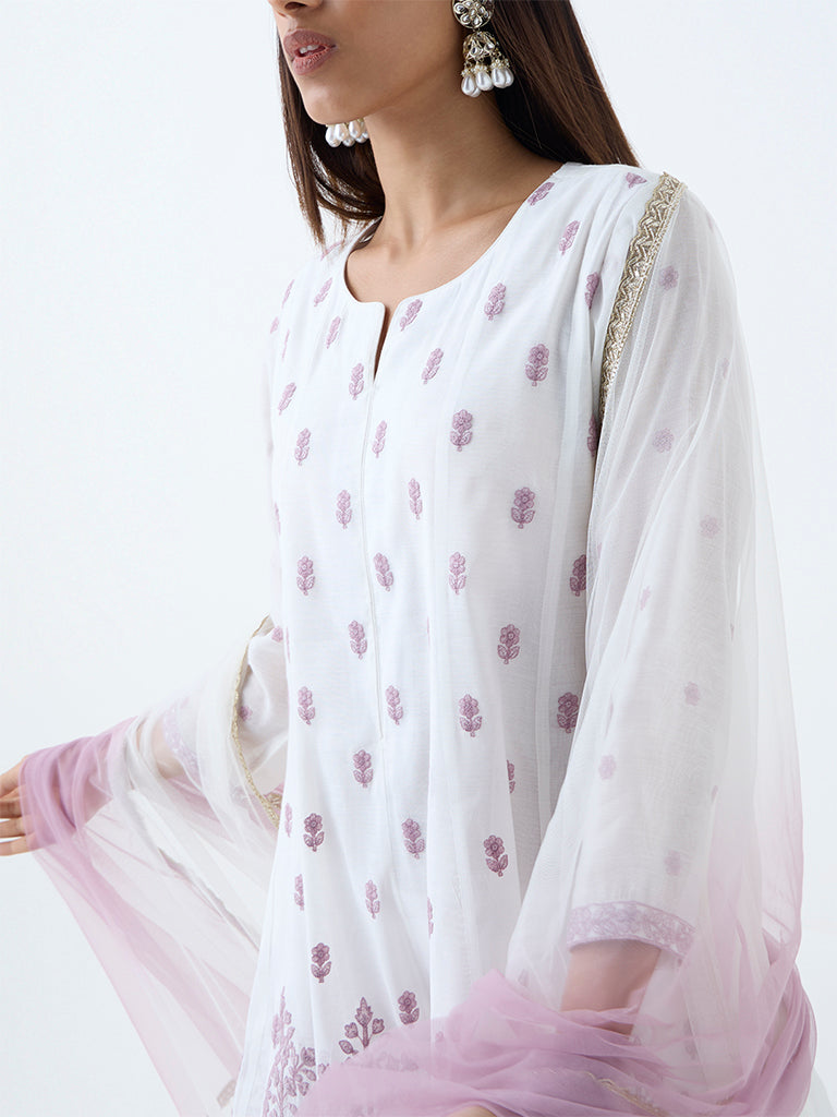 Vark White Floral Embroidered Cotton-Blend A-Line Ethnic Set