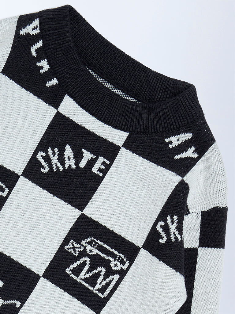 HOP Kids Boys Black and White Knit-Textured Cotton Sweater