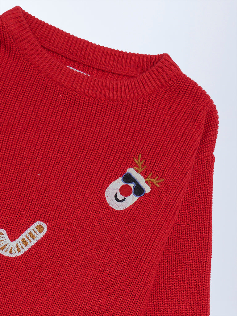 HOP Kids Boys Red Christmas-Themed Cotton Sweater
