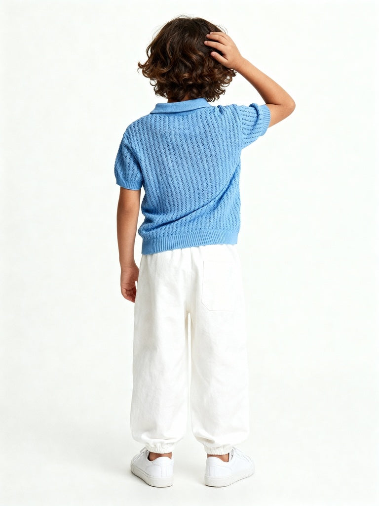 HOP Kids Boys Blue Knit-Textured Cotton T-Shirt
